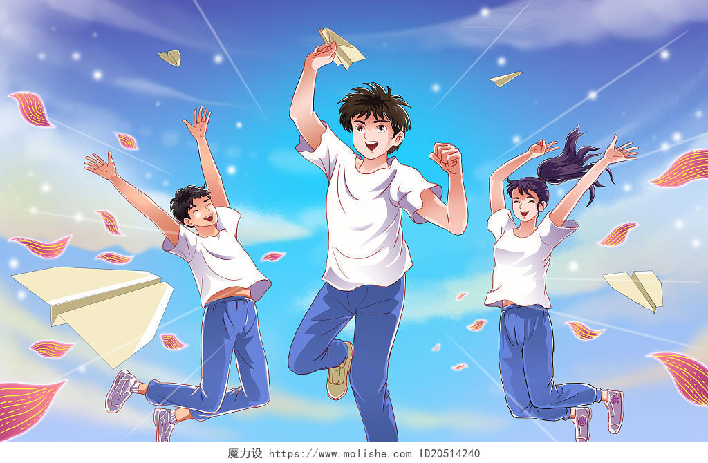 朝气蓬勃的年轻人放飞纸飞机JPG图片唯美青春插画
